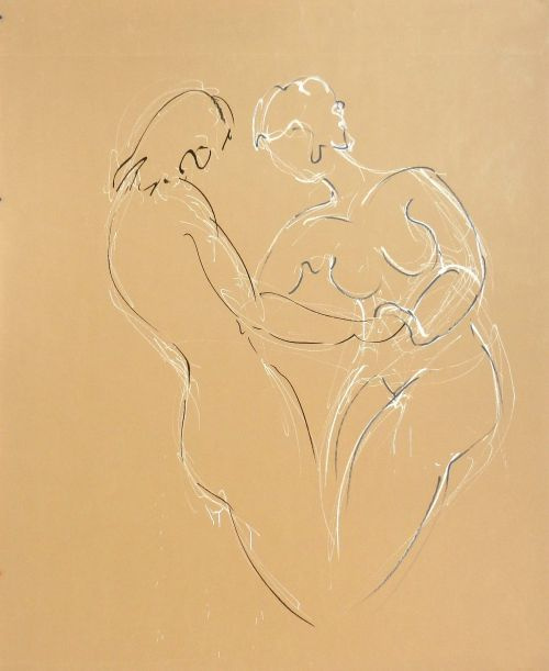 Lola et Deborah 1<br><small>160 x180 cm feitres blanc gris vert et noir sur kraft. dessin déroulé dans le temps, consciemment et inconsciemment.</small>