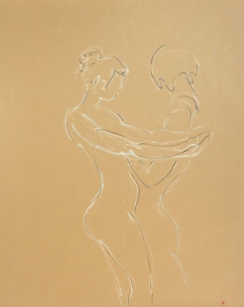 Lola et Deborah 3<br><small>160 x180 cm feitres blanc gris vert et noir sur kraft. dessin déroulé dans le temps, consciemment et inconsciemment.</small>