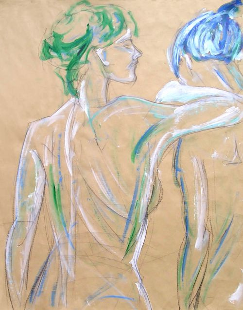 Tourterelles<br><small> The multiplle lines express various inclinations of the face or the body to tell what is happening between the two characters beyondtheir attitudes. 100 x 116cm ou 150 x 190 cm</small>