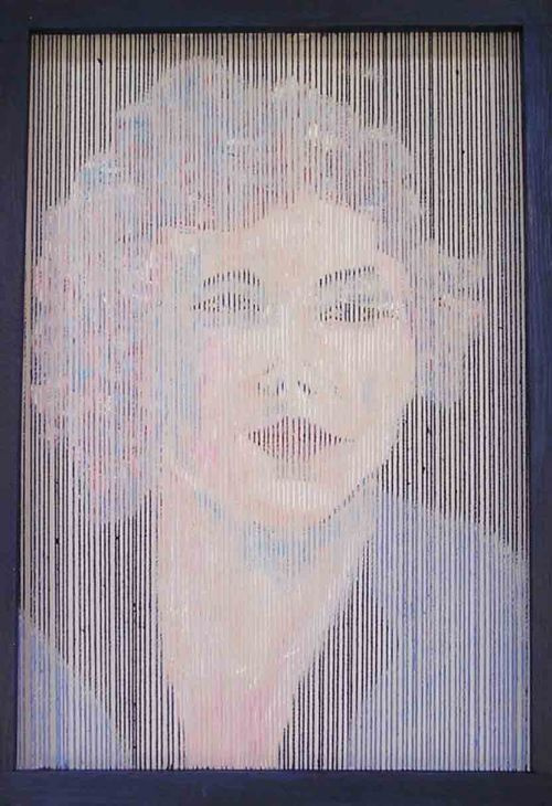 Clémence with black remote bacground<br><small>Strings on wooden frame 61 x 87 x 6 cm. Acrylic.</small>